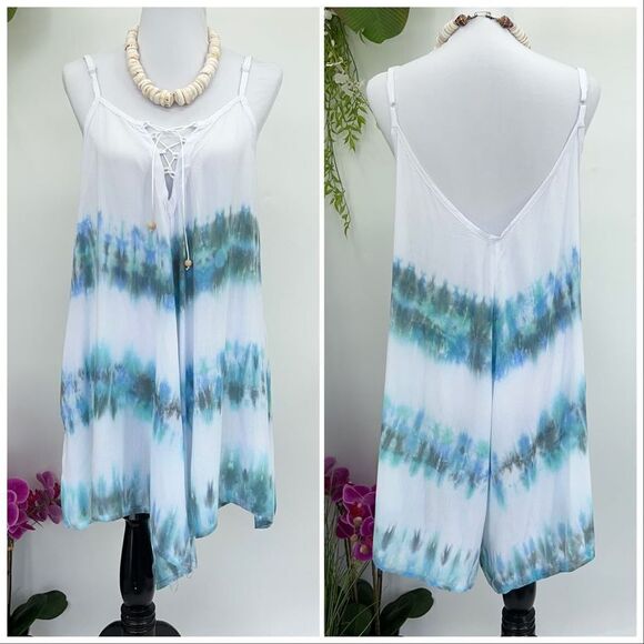 Kau wela Summer Mini Romper Beach Boho Romper Gypsy Overall Wide Leg  Blue/Green - Picture 1 of 16